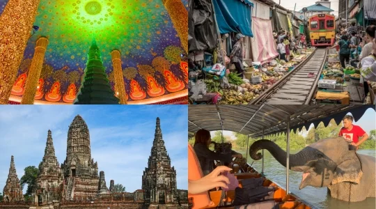 メークロン線路市場+ワットパクナム+世界遺産アユタヤ遺跡観光＜ボート乗船＆象との触れ合い体験付き＞